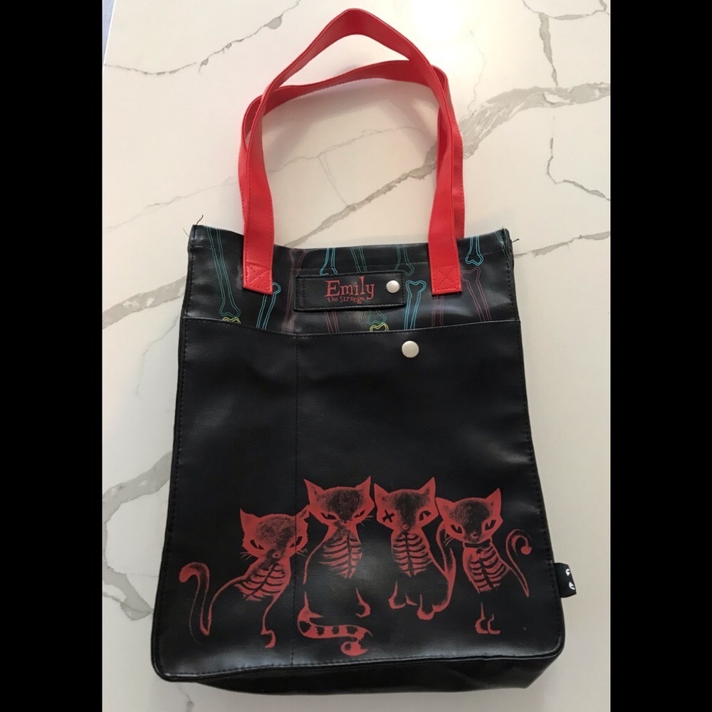 EMILY THE STRANGE VINTAGE BAG with CATS SKELETONS RED BLACK